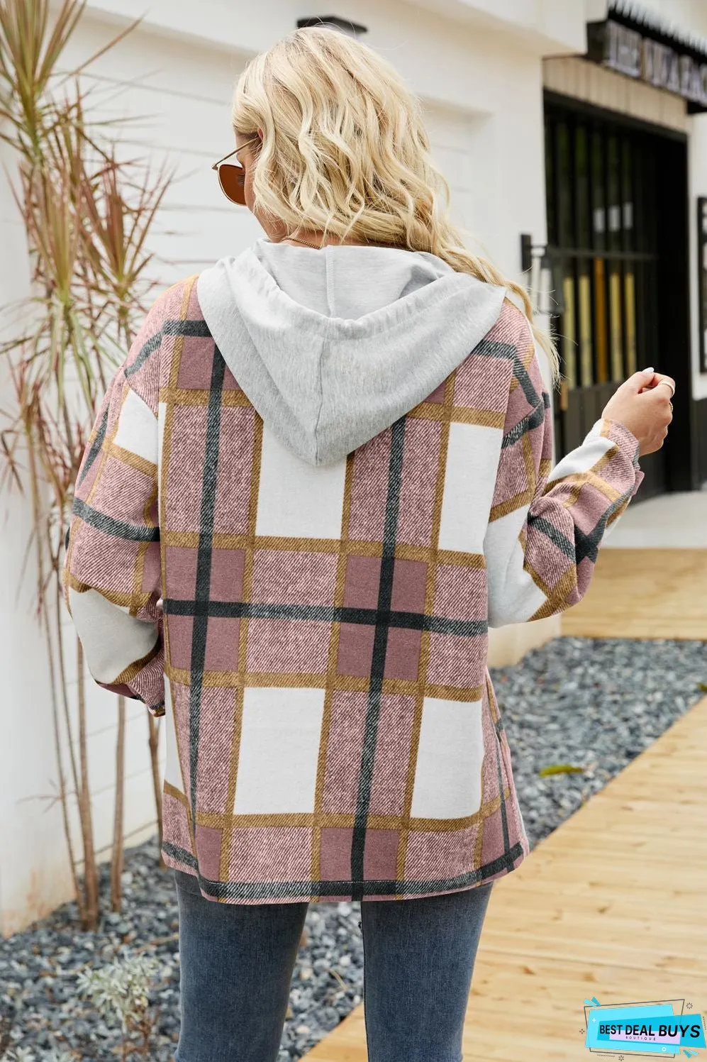 Drawstring Hooded Plaid Shacket Coat With Pocket