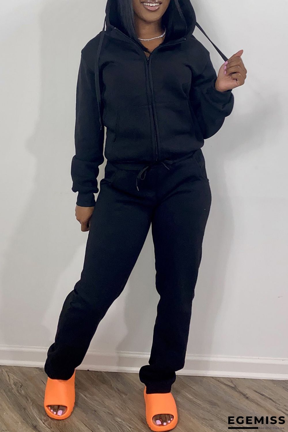 Black Fashion Casual Solid Basic Hooded Collar Long Sleeve Two Pieces | EGEMISS