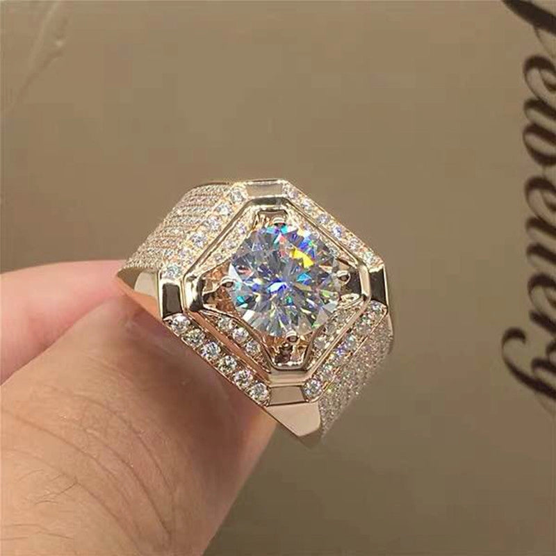 Wish New Simulation Zircon Wide Men’s Diamond Ring Micro-inlaid Square Diamond Ring