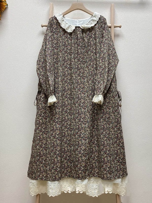 Vintage False Two Long Sleeves Floral Printed Midi Dress