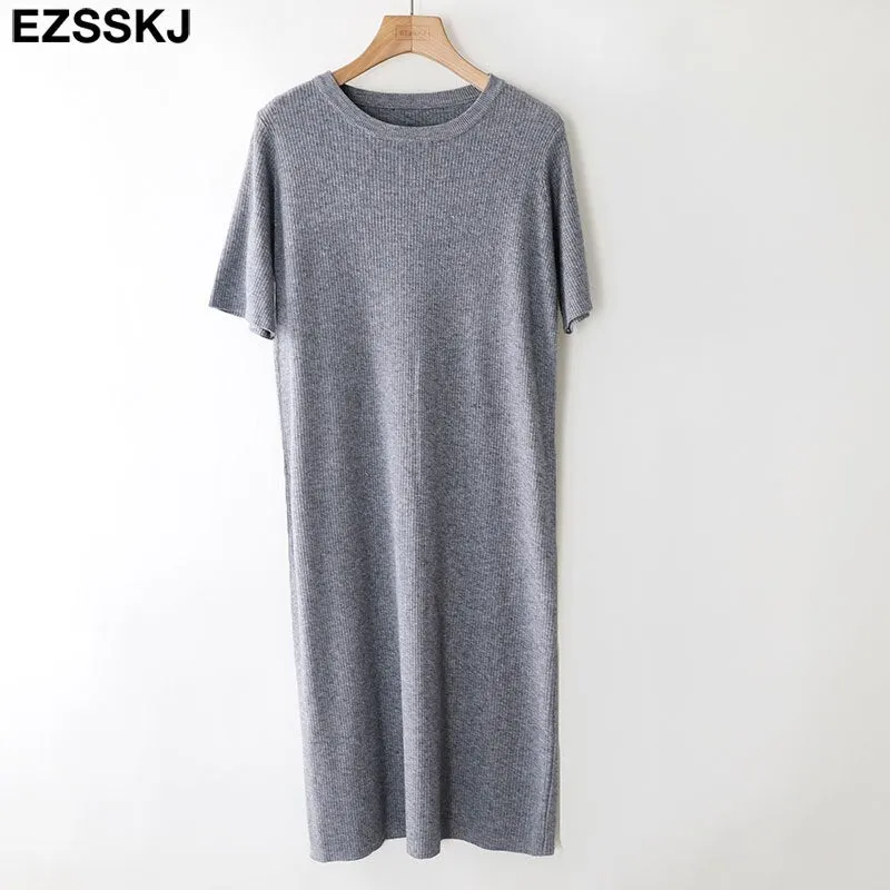 short sleeve straight spring autumn straight maxi sweater dress women o-neck long knit  dress elegant female loose knit dress