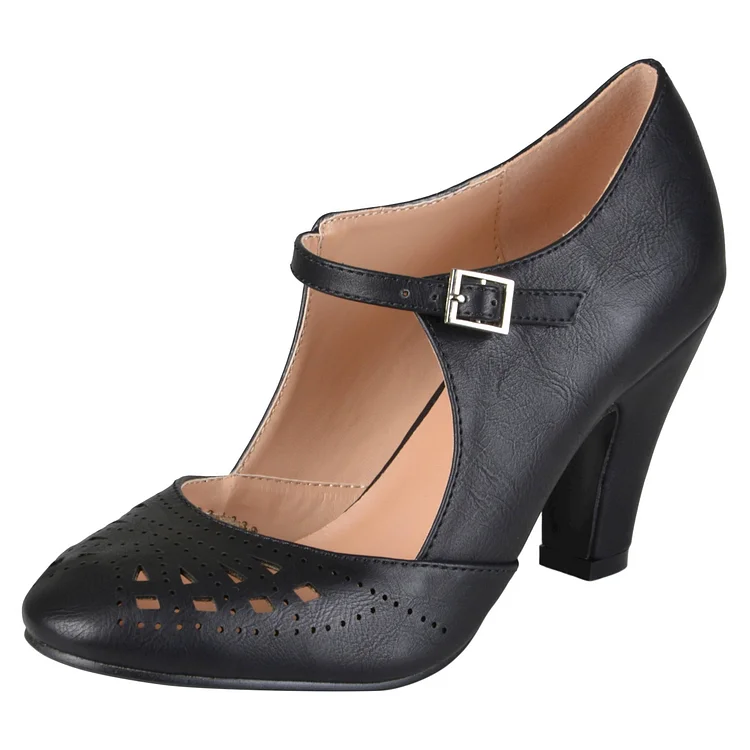 Women's Black Cutout Round Toe Mary Jane Pumps Vintage Heels |FSJ Shoes
