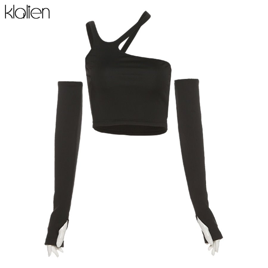 KLALIEN Fashion Casual Slim Solid Black Removable Sleeves Halter T Shirt For Women Autumn New Streetwear Wild Basic Female Top