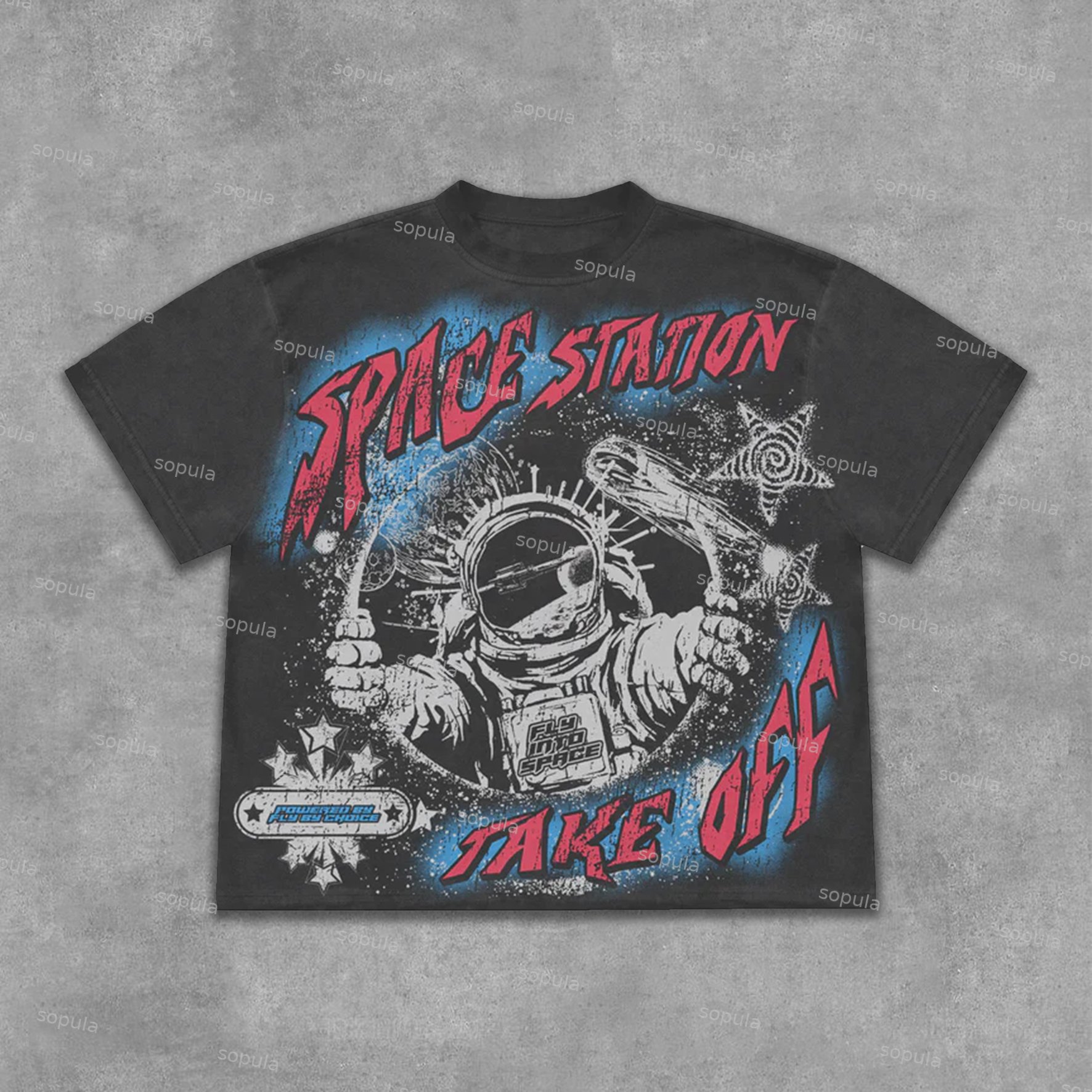 Fly By Choice X Spacestation Graphics Print Acid Washed Retro T-Shirt - SOPULA