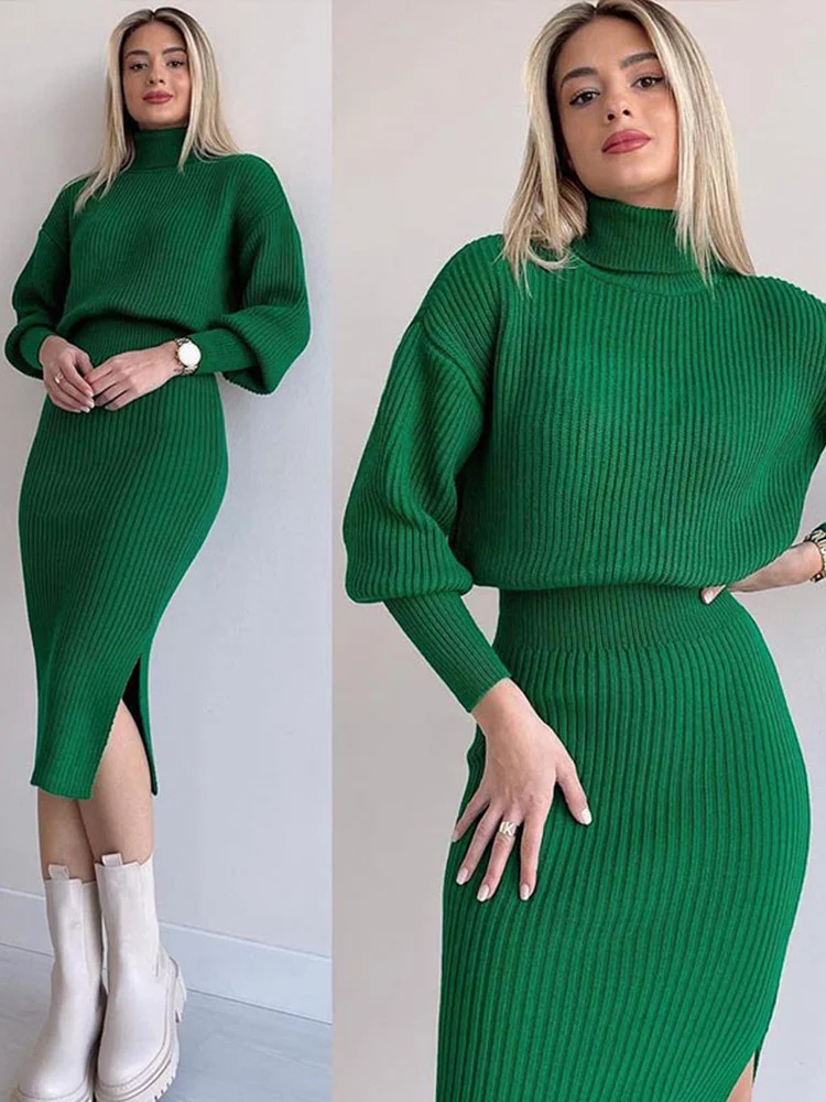 Toloer Toloer Elegant Knitted Dress 2 Pieces Set Long Sleeve Cropped Sweater And Slit Dress Suits Female Sexy Soft Pullover Outfits 1127-1-Outfit Ideas