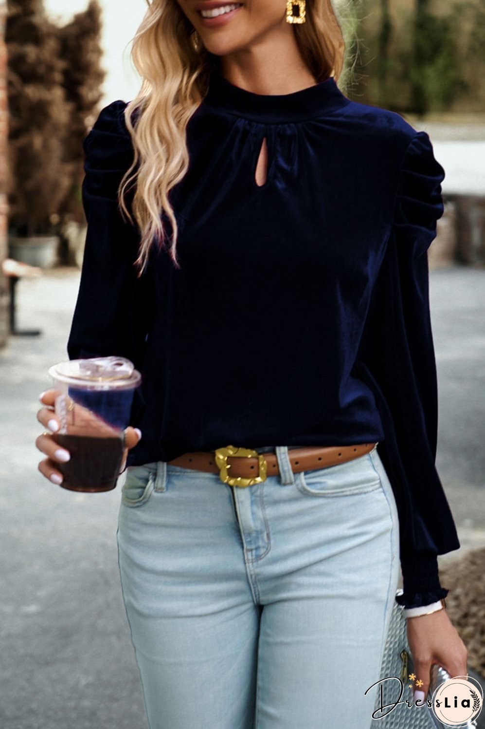 Tie Up Mock Neck Velvet Fabric Long Sleeve Blouse