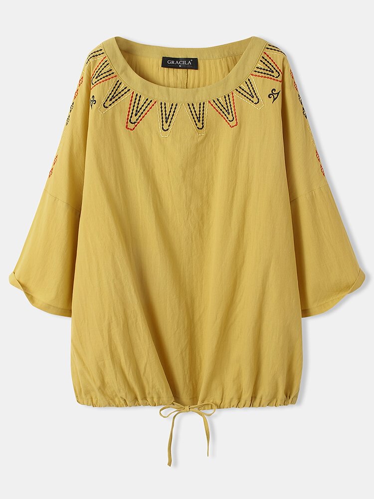 Icon Embroidery Knotted O Neck Casual Blouse For Women P1823870