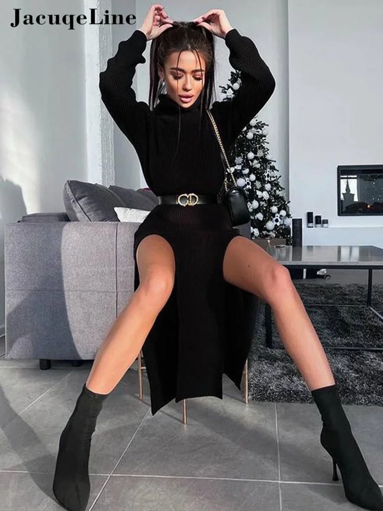 Jacuqeline 2022 Green Knitted Sexy Split Midi Party Dress Women Winter Y2K Turtleneck Long Sleeve Woman Evening Bodycon Dresses
