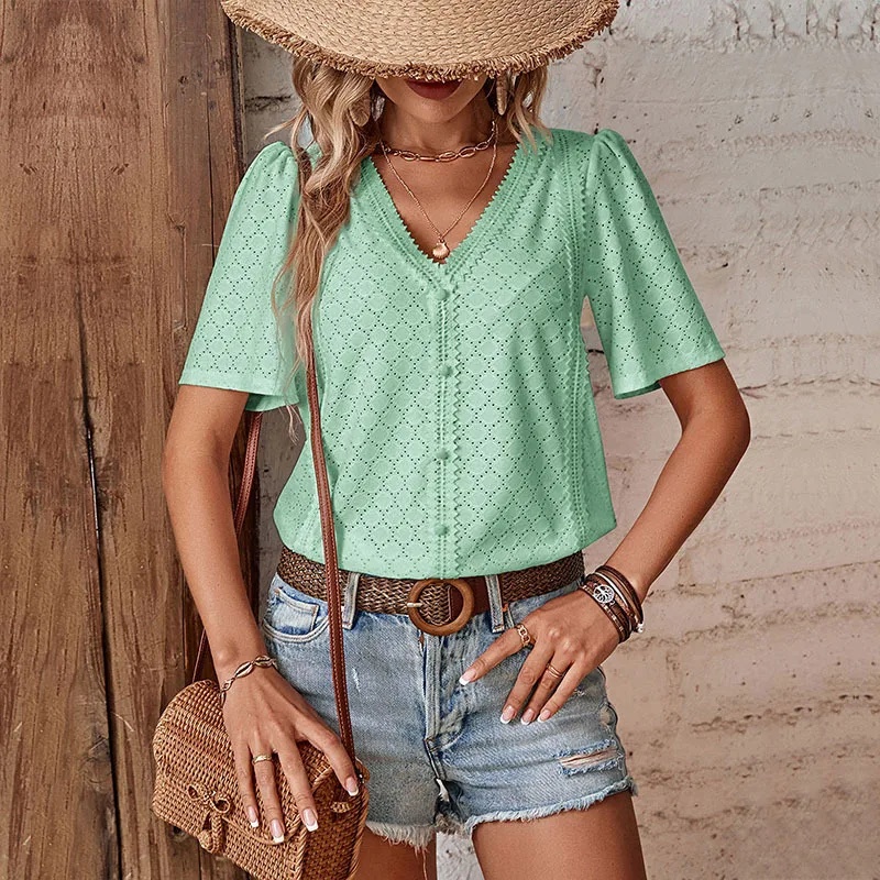 Women's V-neck T-shirt Short Sleeve Patchwork Lace Splice Summer New Style Cross-border Fashion Casual Comfortable Top