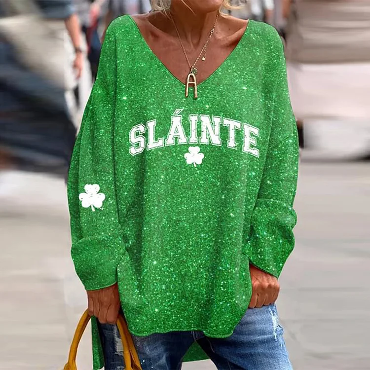 VChics Women'S Shiny Slainte Shamrock Print St Patrick'S Day Long Sleeve T-Shirt