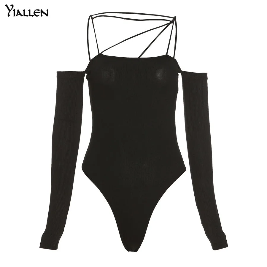 Yiallen Autumn New Sexy Hollow Out Off Shoulder Backless Black Rib Knit Bodysuit For Women 2021 Fashion Casual Streetwear Hot