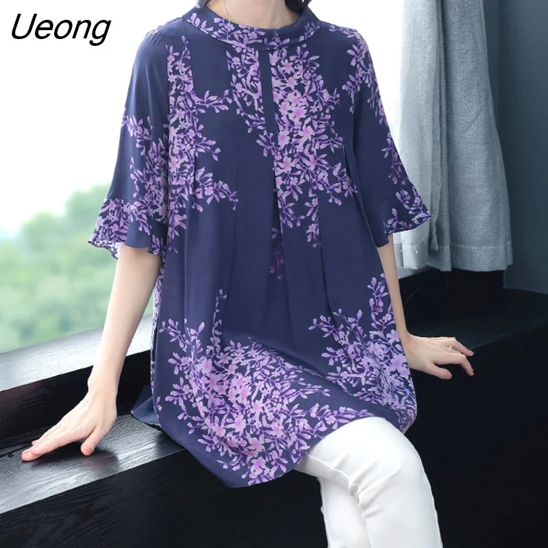 Ueong Pleated Lotus Leaf Sleeve Thin Shirt Female Short-sleeved Large Size Medium Long Chiffon Pullover Blouse Women Spring 2023
