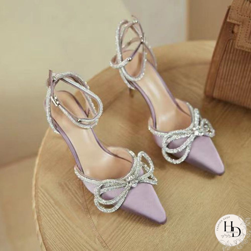 Rhinestones Bowknot Sandals For Women Sexy Buckle Strap Ladies High Heel Pumps Pointed Toe