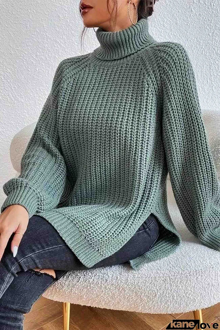 Raglan Sleeve Turtleneck Slit Mid-Length Sweater