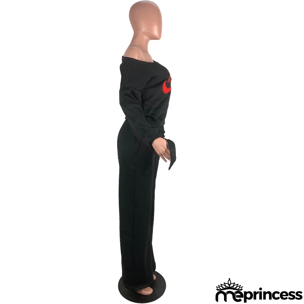 Autumn Casual Logo Print Crop Top and Loose Trousers Set