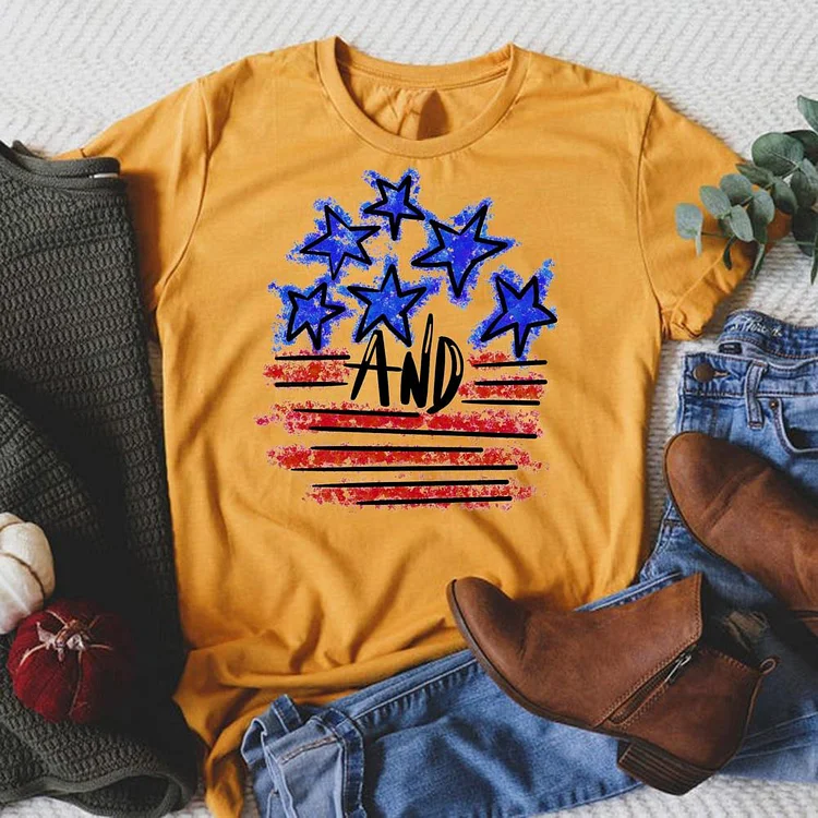 Stars and Stripes Retro American  Round Neck T-shirt-018173