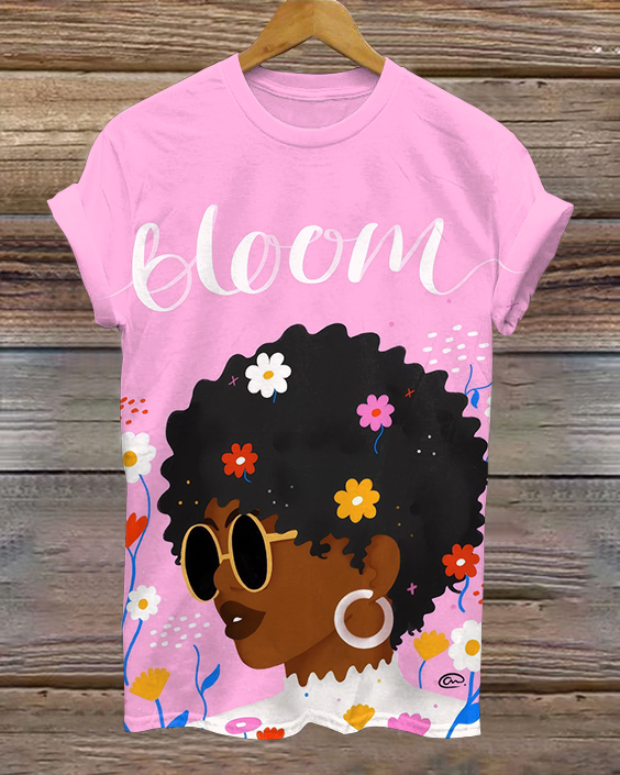Black Women Bloom Illustrations Crew Neck Short Sleeve Tshirt