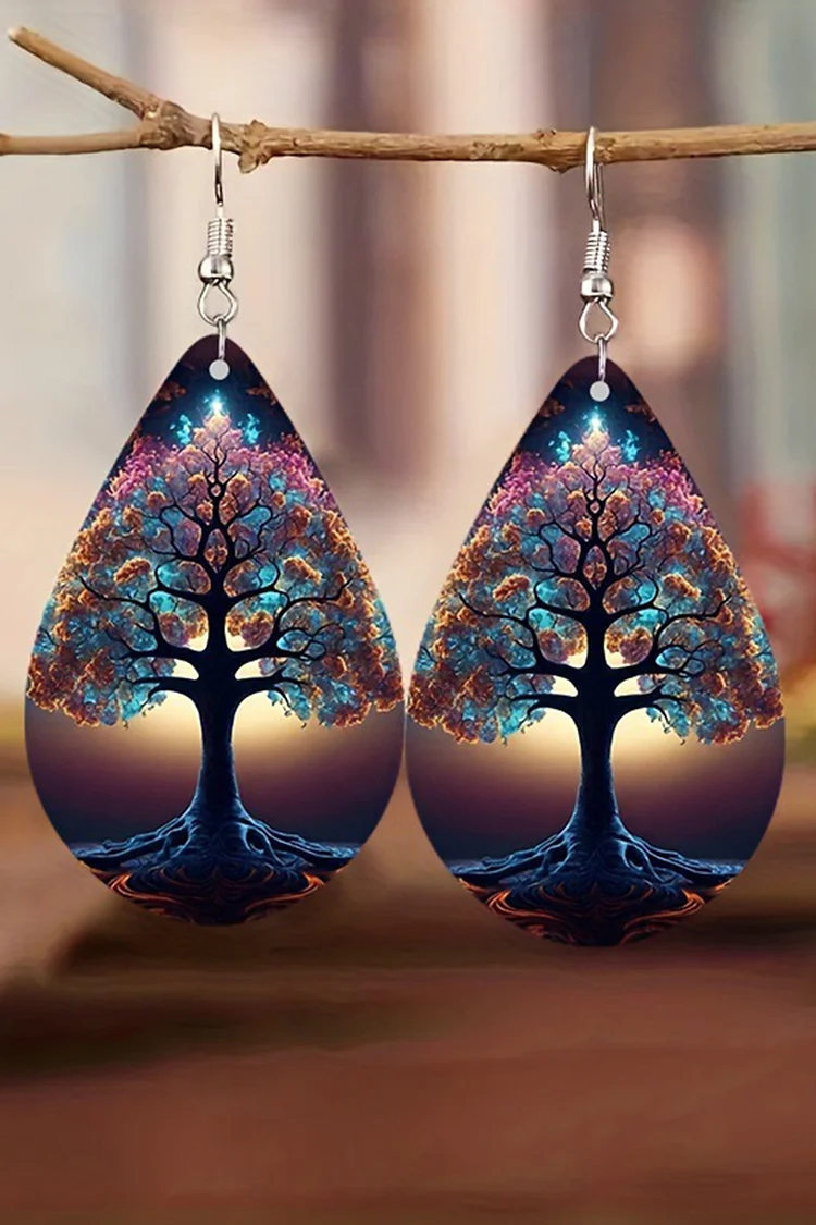 Halloween Wooden Double Sided Tree Pattern Water Droplet Earrings 2024 - Xpluswear