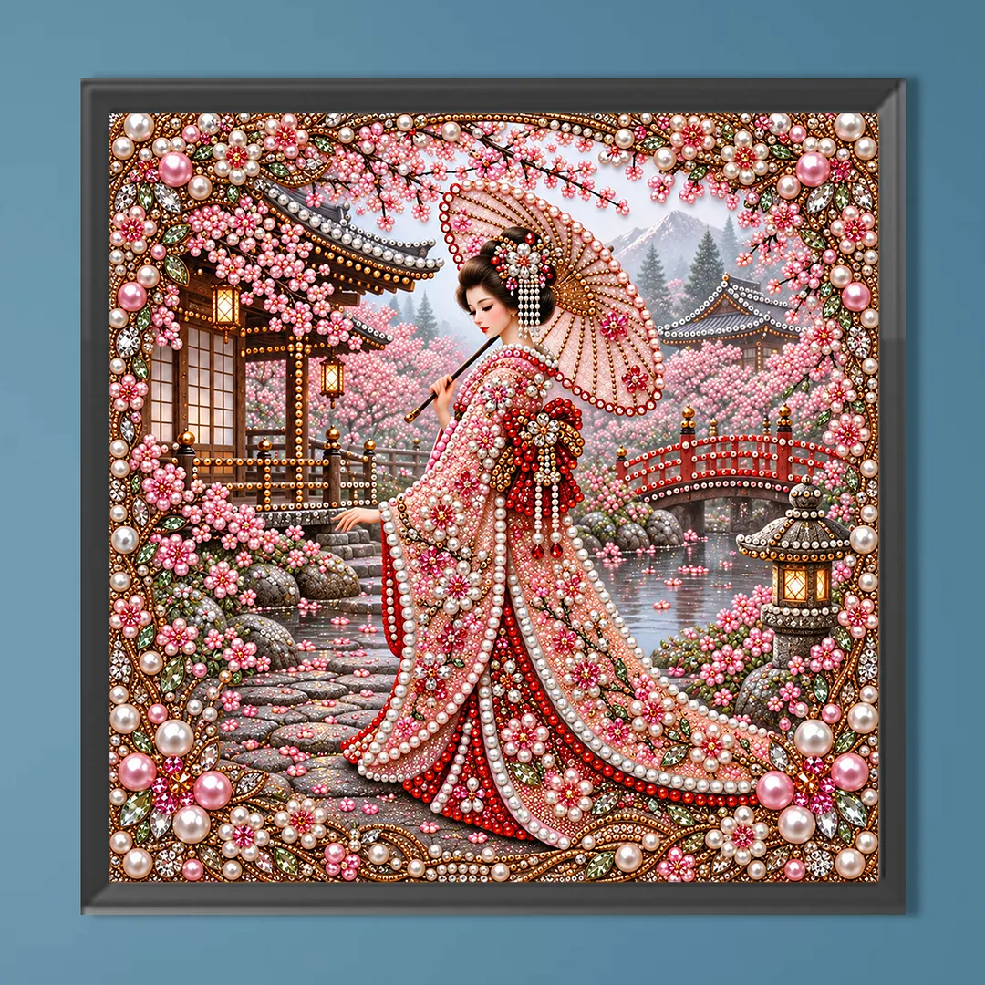 Special Shaped Diamond Painting Kit Geisha Cherry Blossom 40x40cm