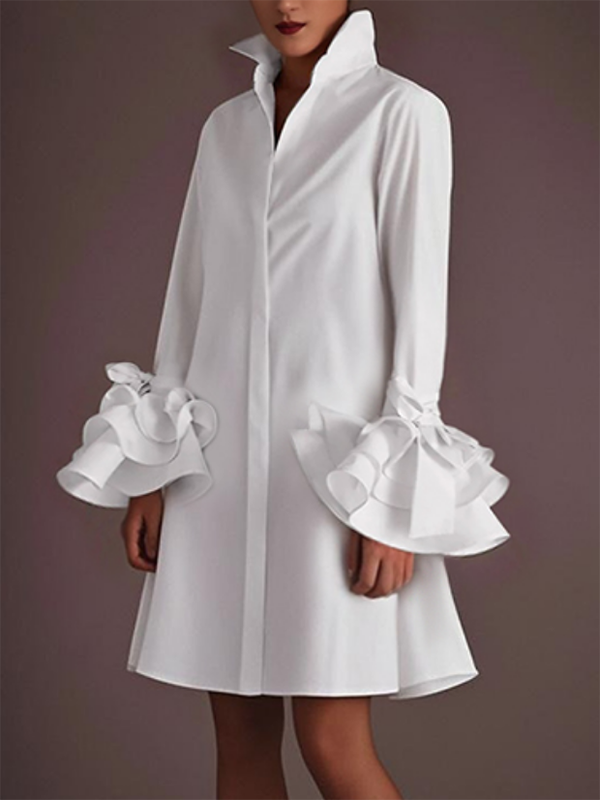 Long Sleeves Loose Buttoned Falbala Solid Color Lapel Mini Dresses Shirt Dress