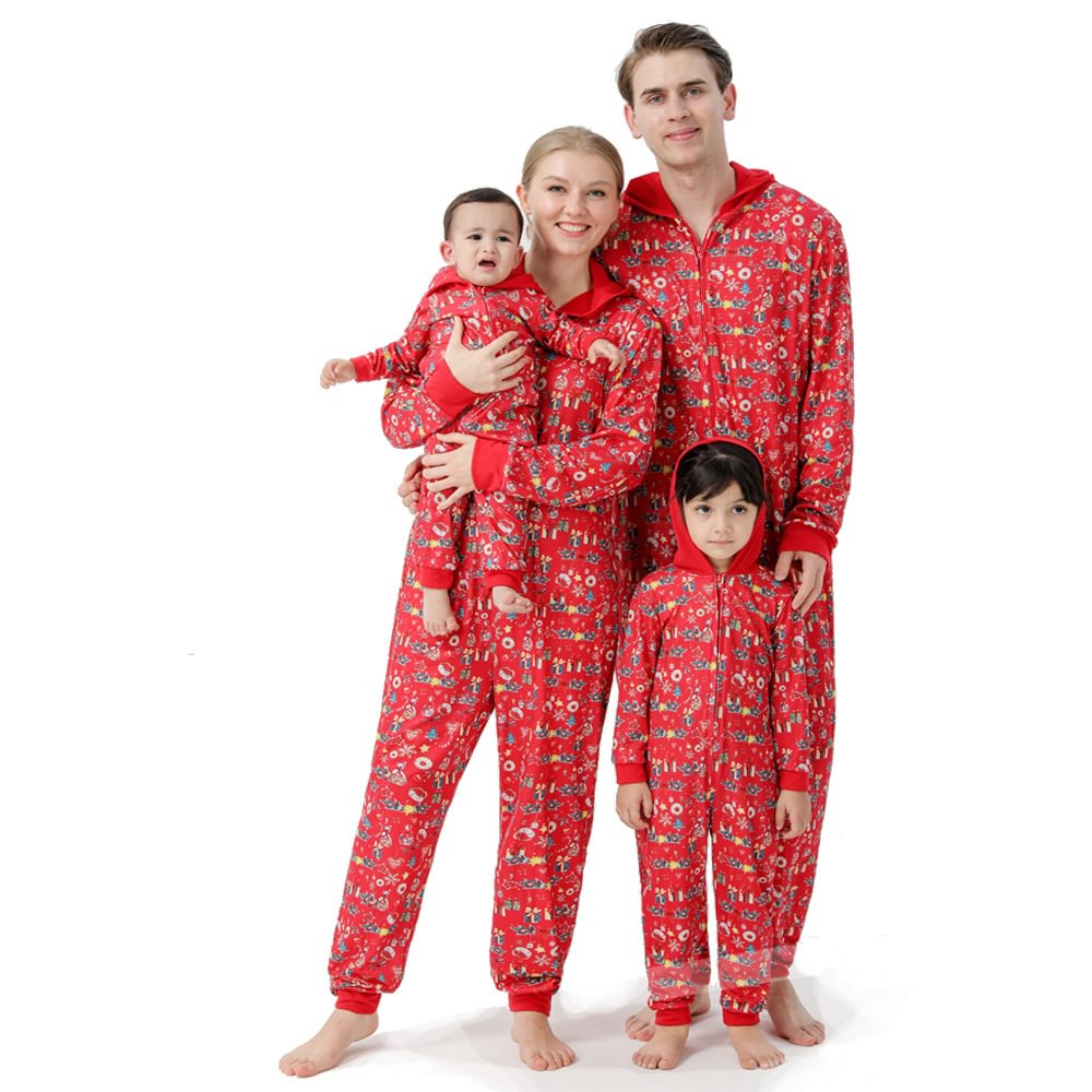 Christmas Family Matching Pajamas Red Digital Hooded Home Wear Jumpsuit-Pajamasbuy
