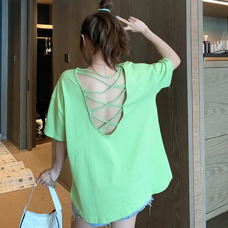 Backless Pure Color Loose T-Shirt
