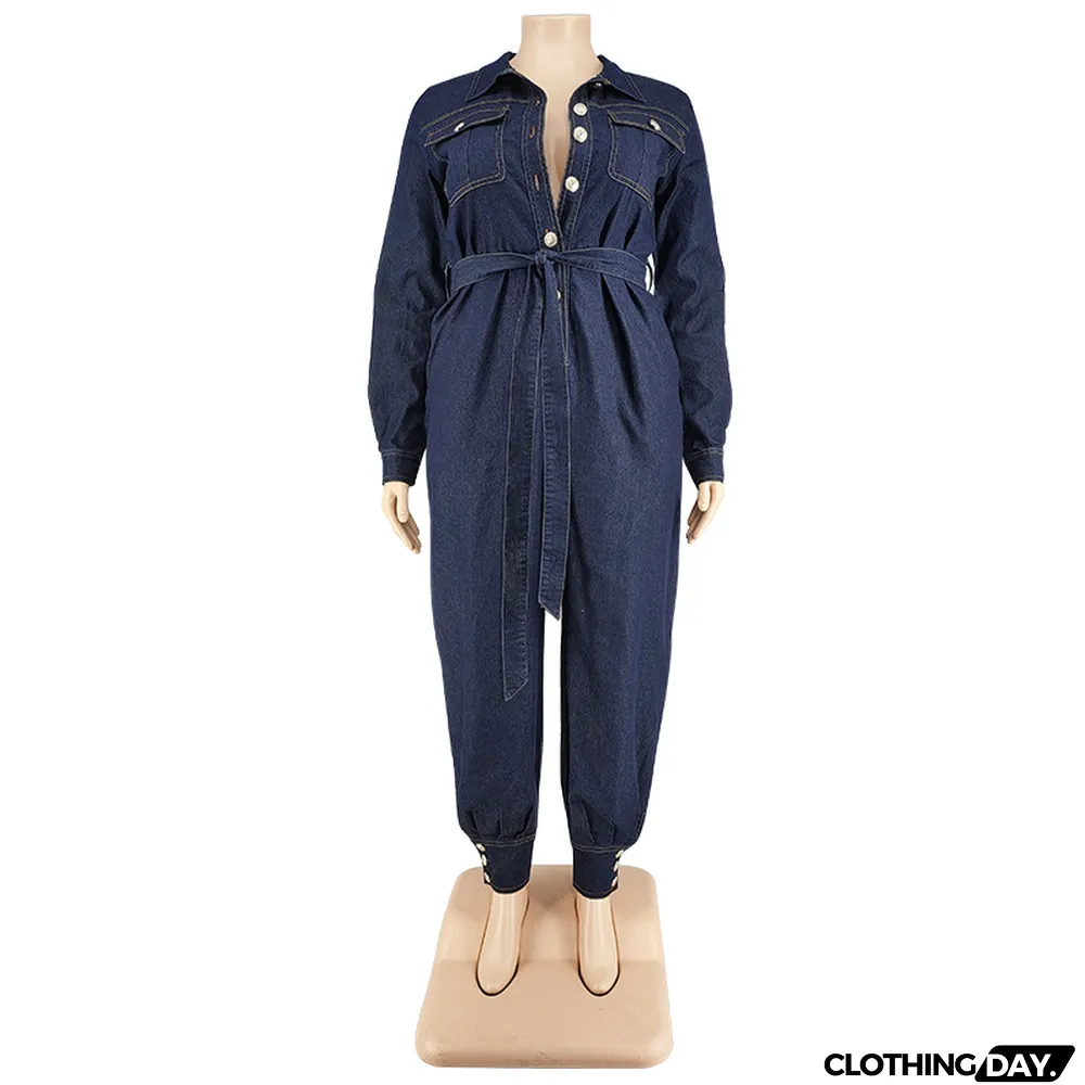 Slim V-Neck Casual Plus Size Women's Denim Jumpsuit