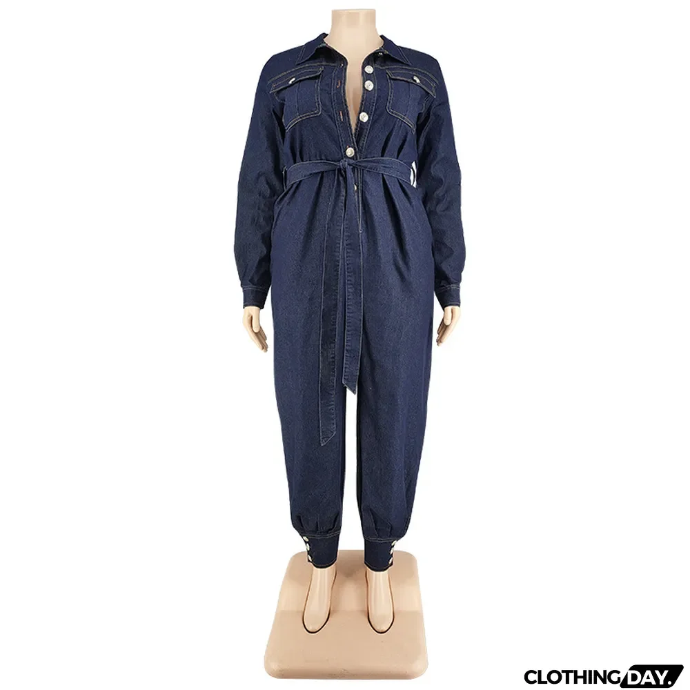 Slim V-Neck Casual Plus Size Women's Denim Jumpsuit