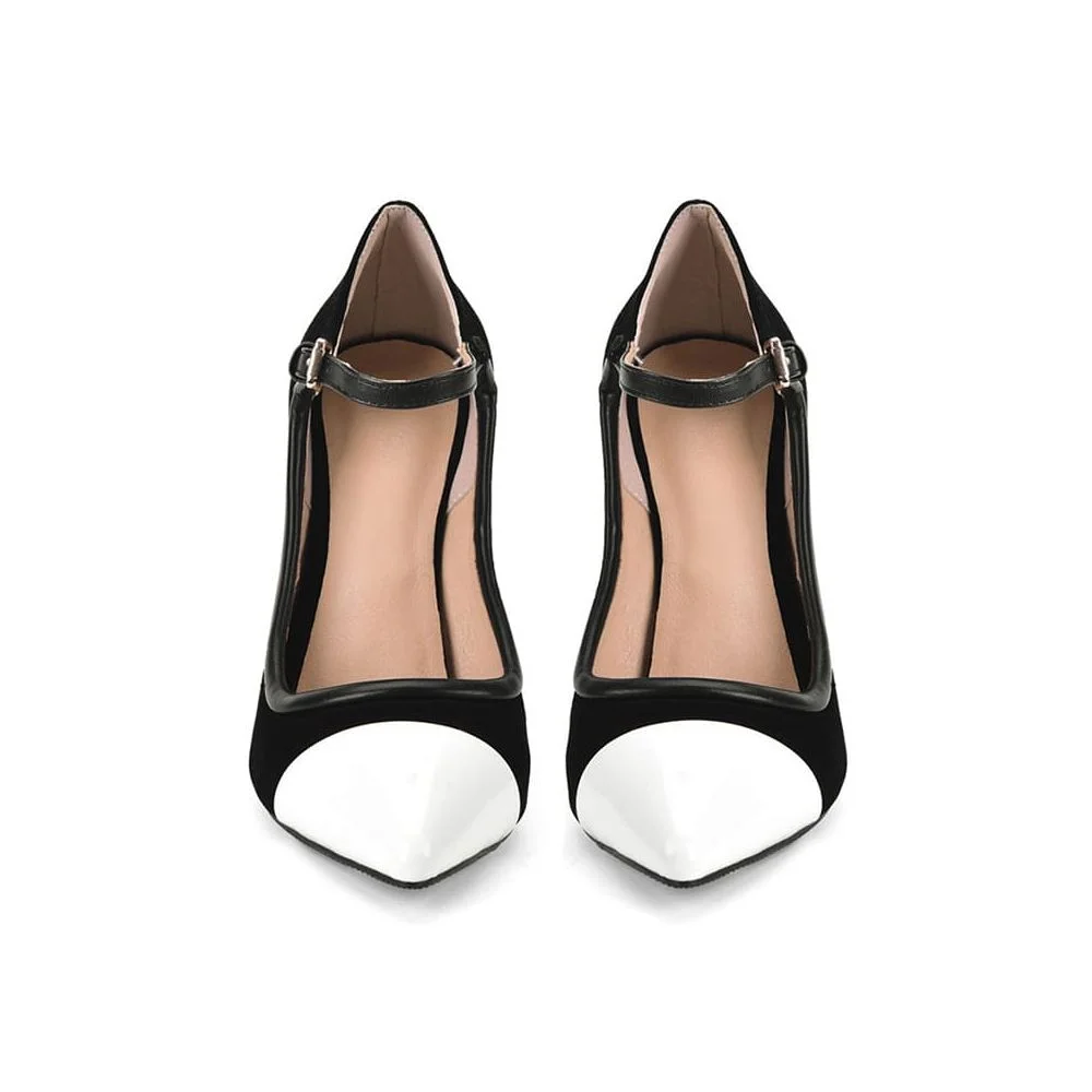 Two-tone Black and White Heels Heels with Ankle Strap Closed Toe Nicepairs