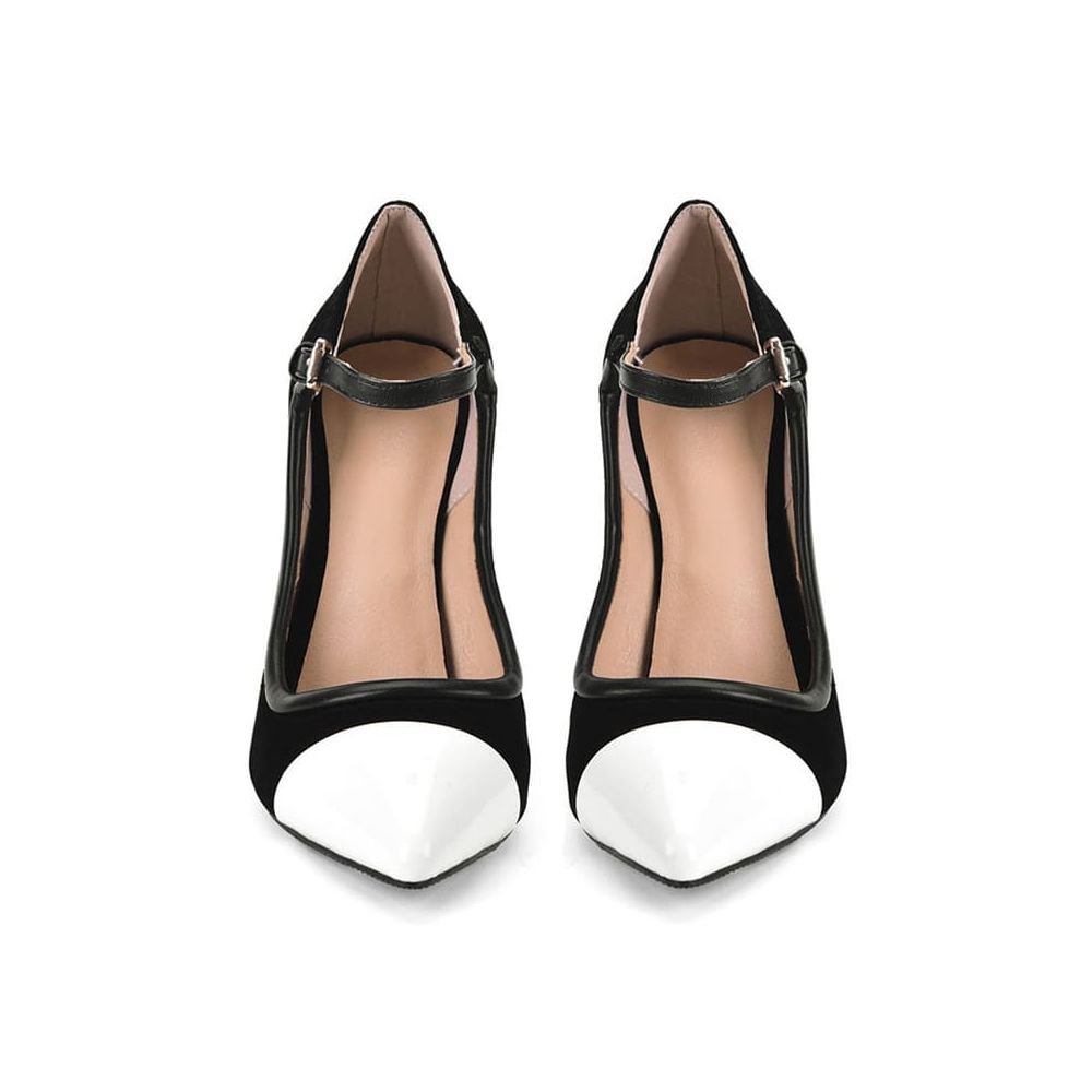 Two-tone Black and White Heels Heels with Ankle Strap Closed Toe Nicepairs