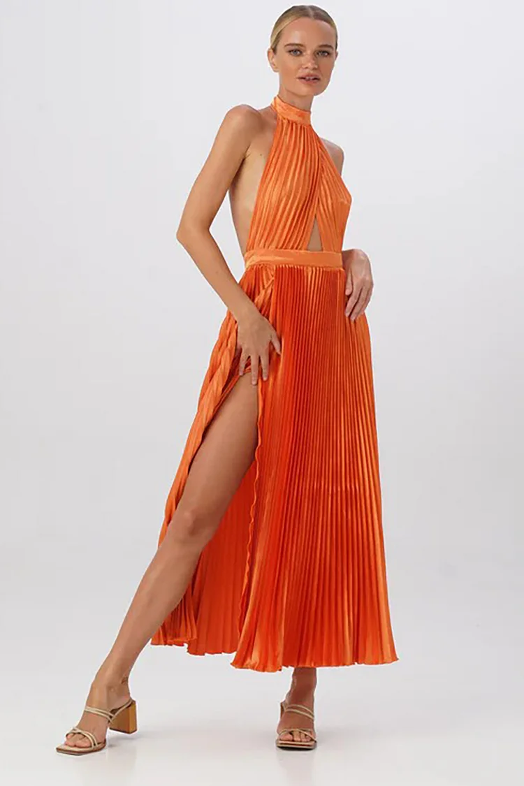 Halter Stand Collar Cut Out Backless High Slit Pleated Prom Party Midi Dress