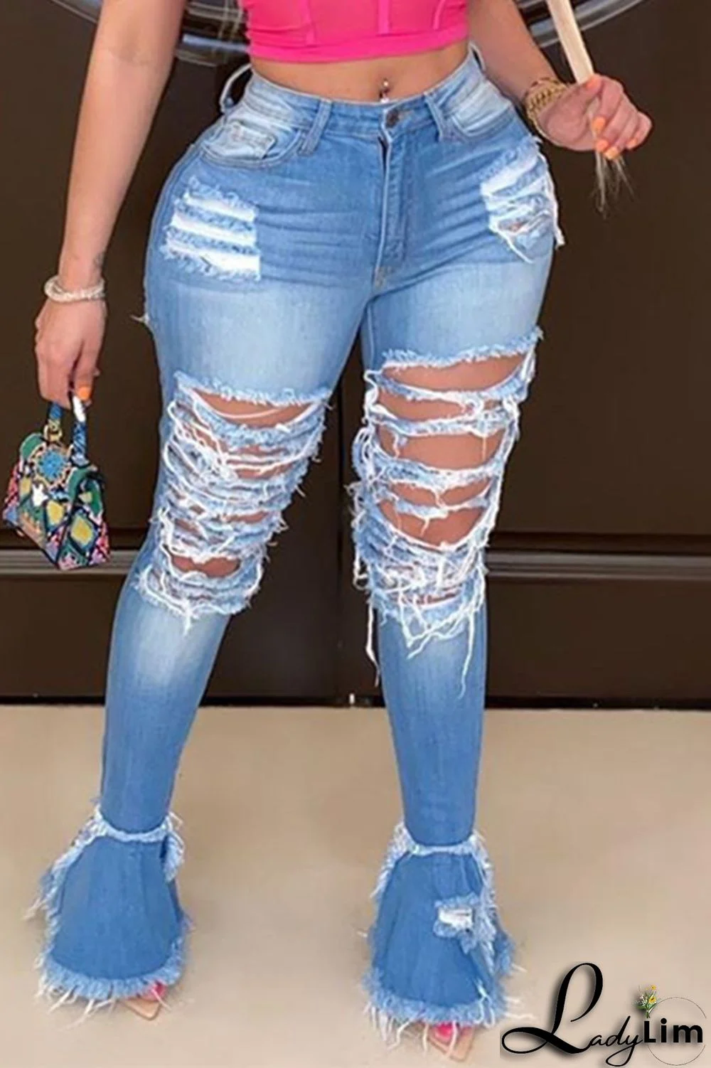 Dark Blue Fashion Casual Solid Ripped High Waist Boot Cut Denim Jeans