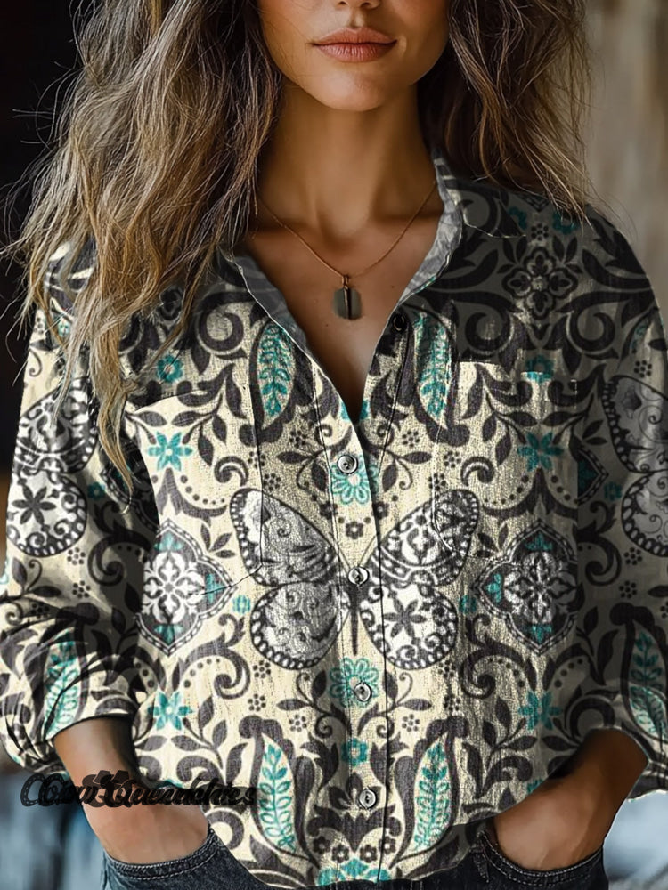 Women’s Retro Butterfly Flowers Print Casual Long Sleeve Comfortable Cotton Shirt Multicolor / S
