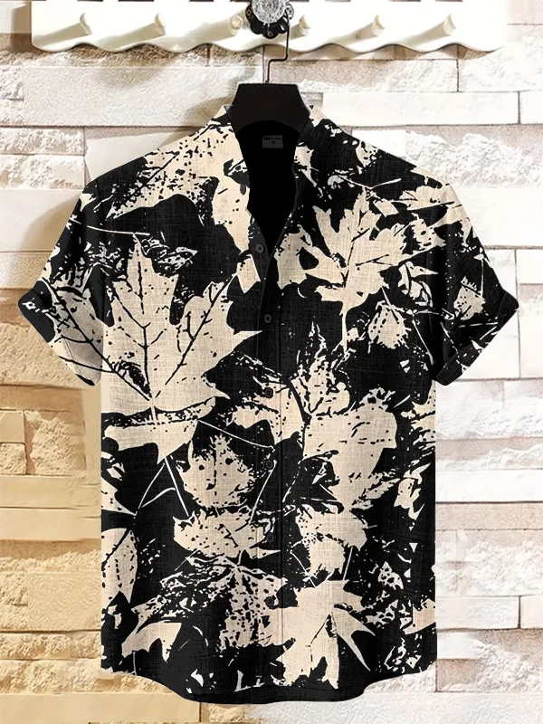 Men's Vintage Maple Leaf Rubbing Art Painting Print Casual Shirt