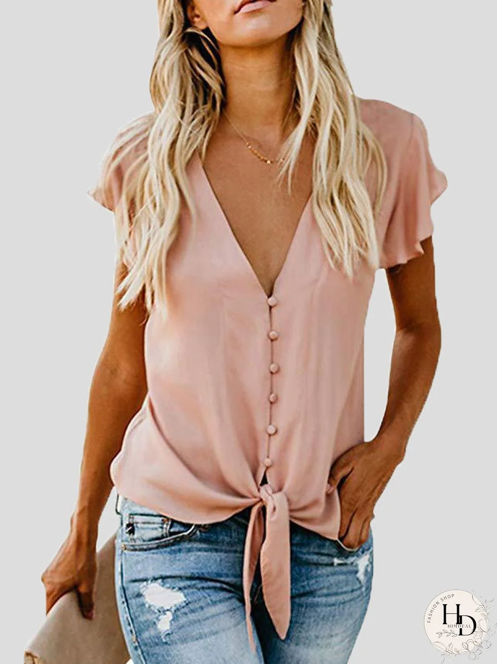 Women'S Blouses V-Neck Buttoned Ruffle Sleeves Chiffon Blouse