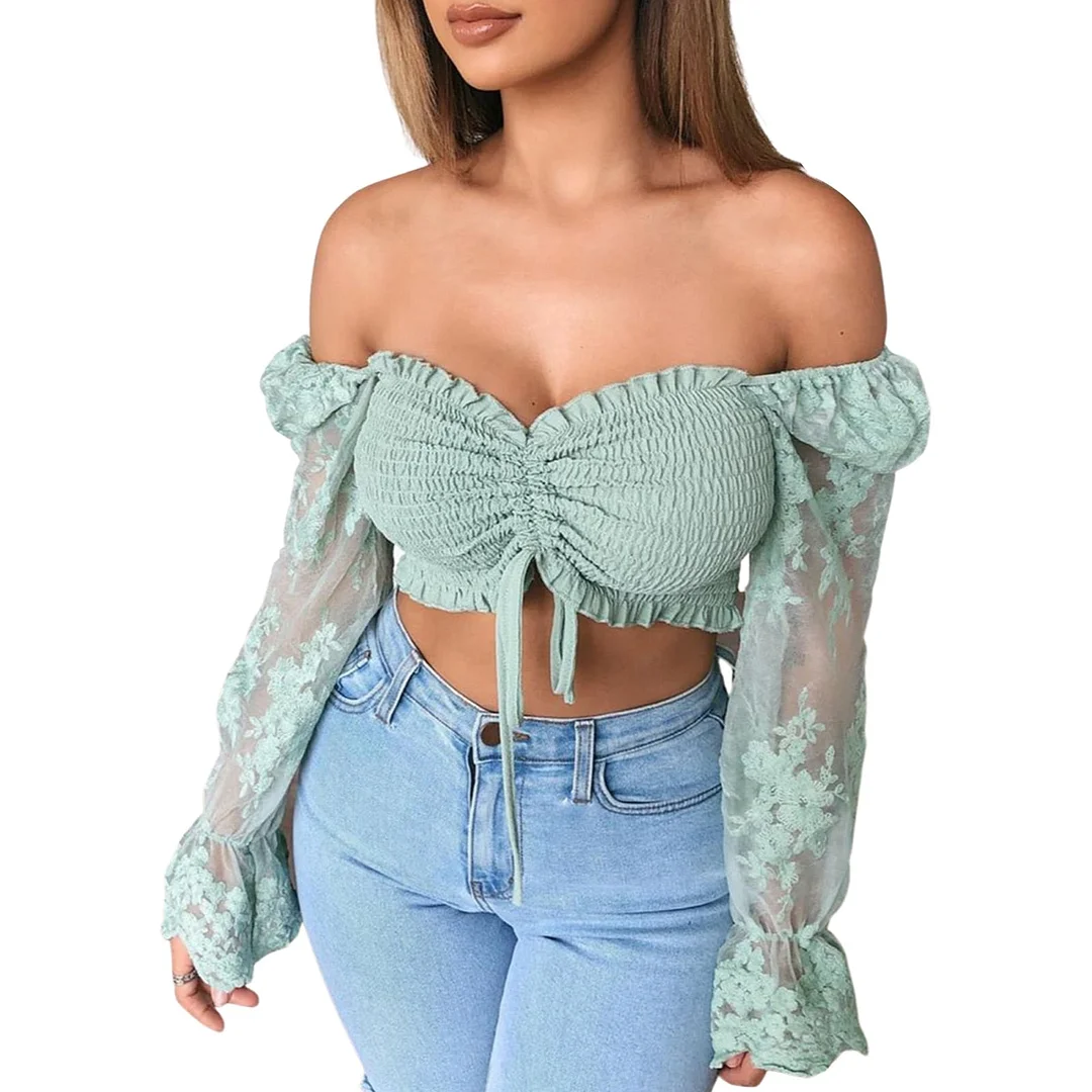 ABEBEY Floral Embroidery Cropped Tops Women Lace Long Sleeve Off-shoulder Blouses Drawstring Front Strapless Tops Solid Color