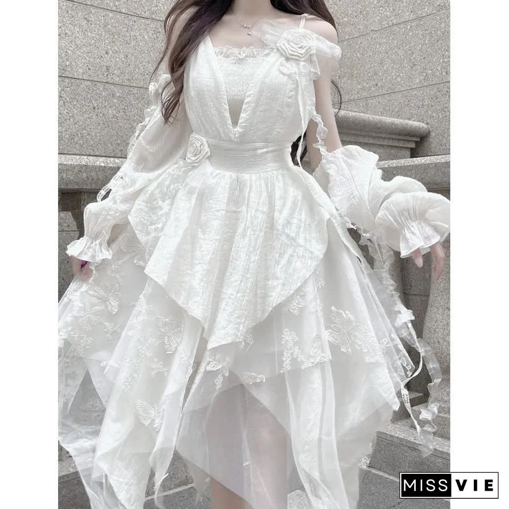 Irregular Embroidery Flower Decor Tulle Slip Dress