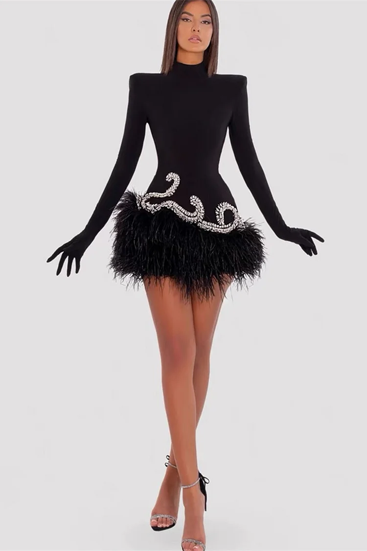 Gloved Sleeves Feather Trim Velvet Rhinestone Mini Dress-Black