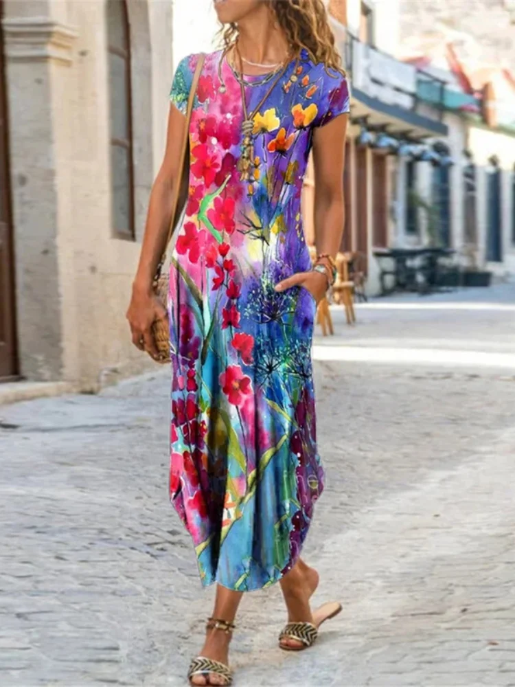 Flower Art Painting Series Short Sleeve Dress