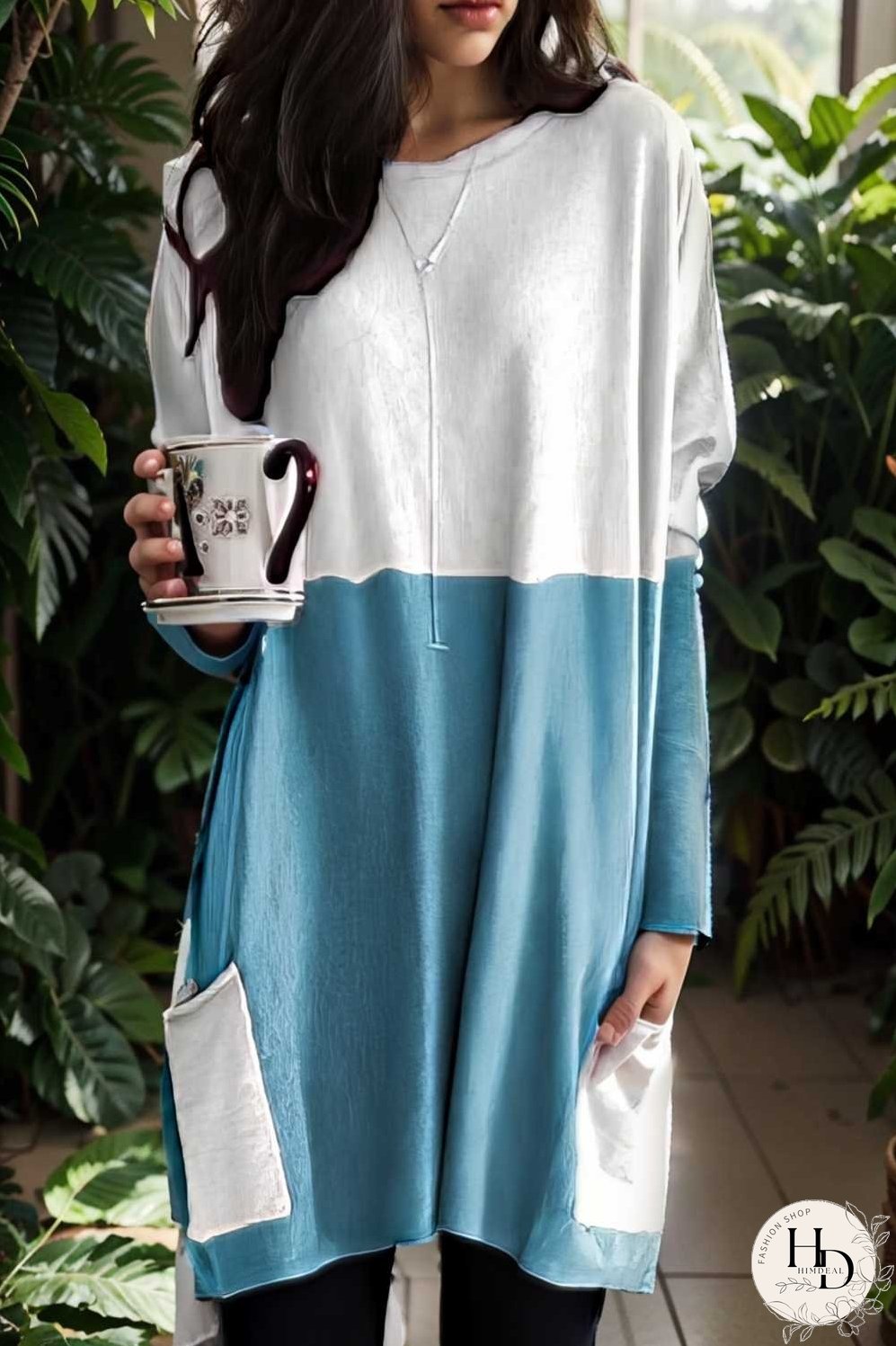 two color stitching pocket loose long sleeve t shirt