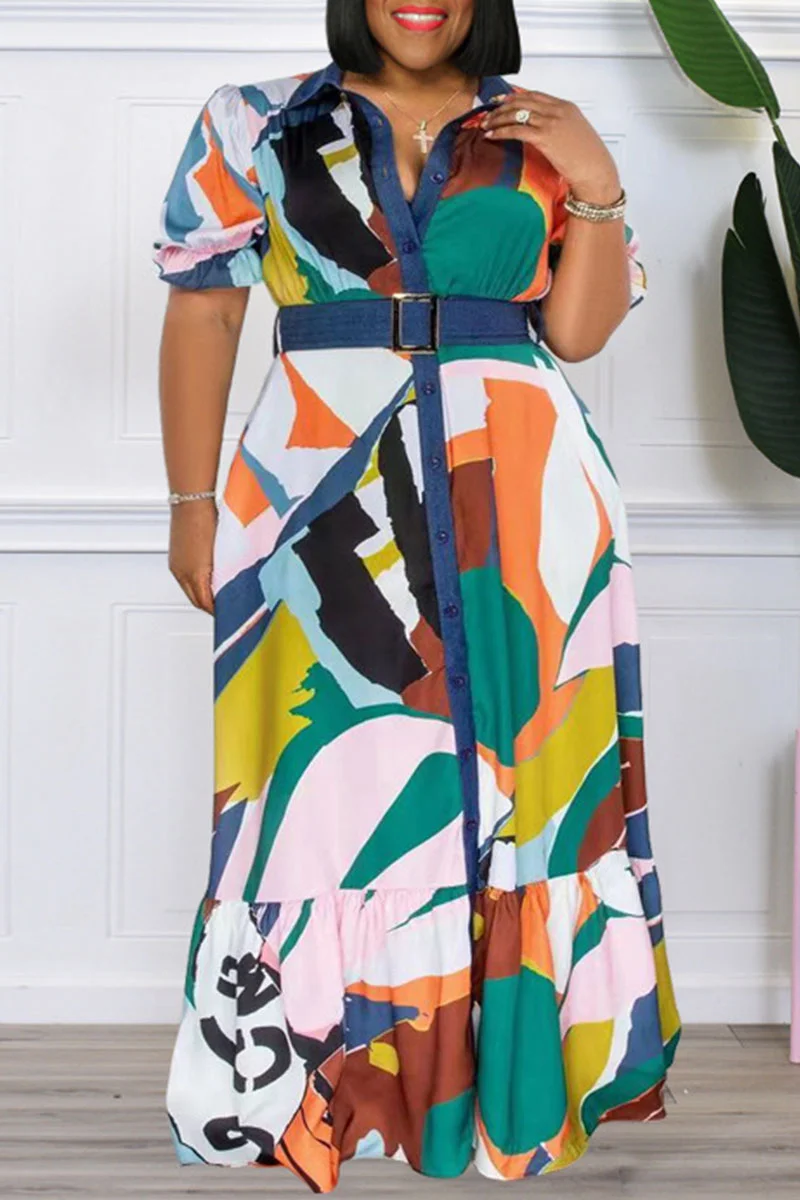 Colour Casual Print Patchwork Buckle Turndown Collar Straight Plus Size Dresses | EGEMISS