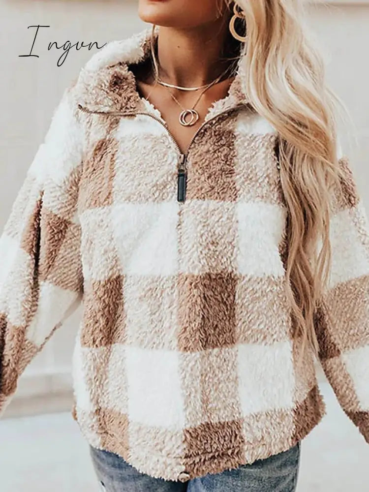 Ingvn - Women’s Sweatshirt Pullover Fuzzy Teddy Quarter Zip Red Khaki Plaid Casual V Neck Long