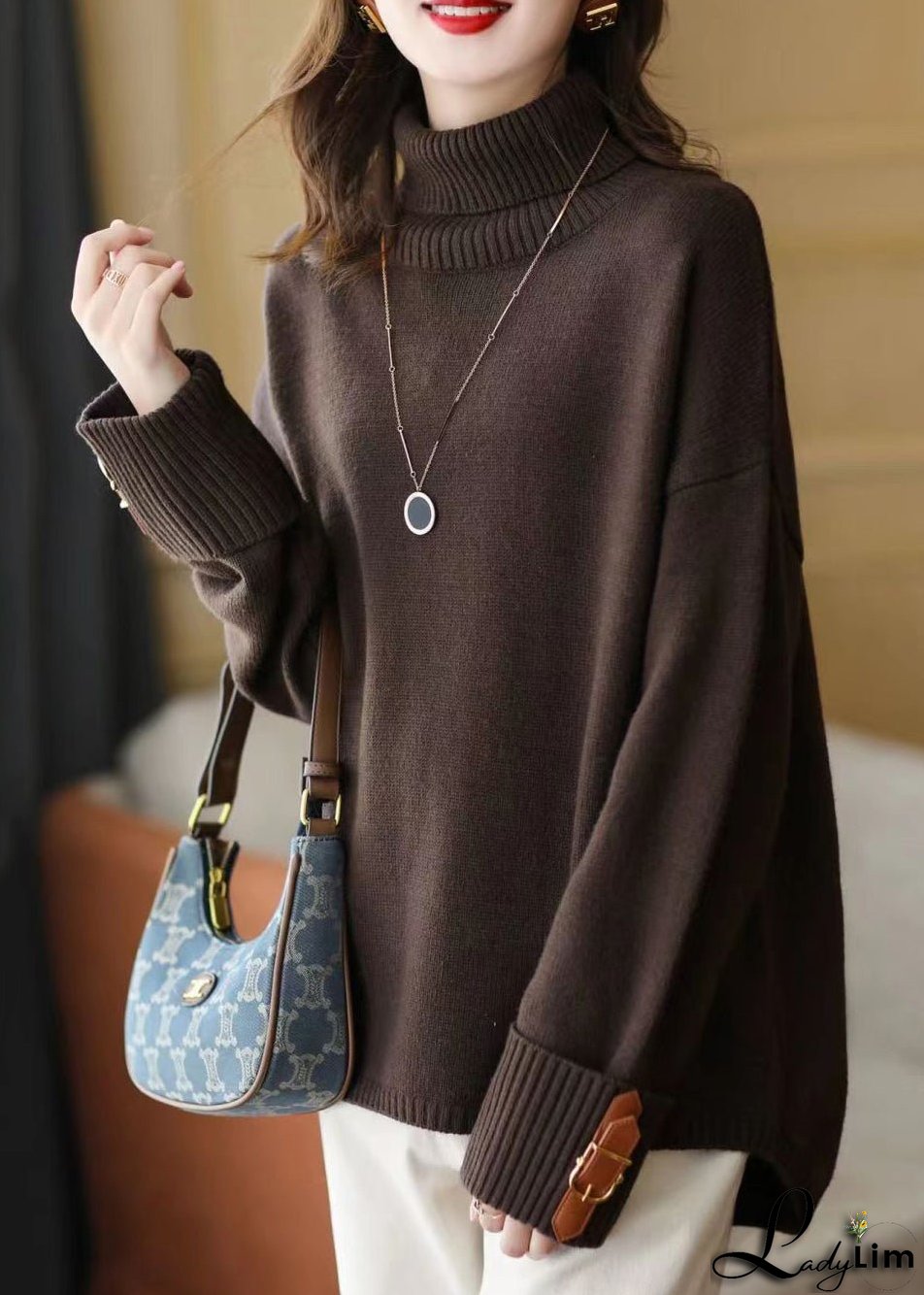 Art Chocolate Turtle Neck Low High Design Knit Sweater Winter