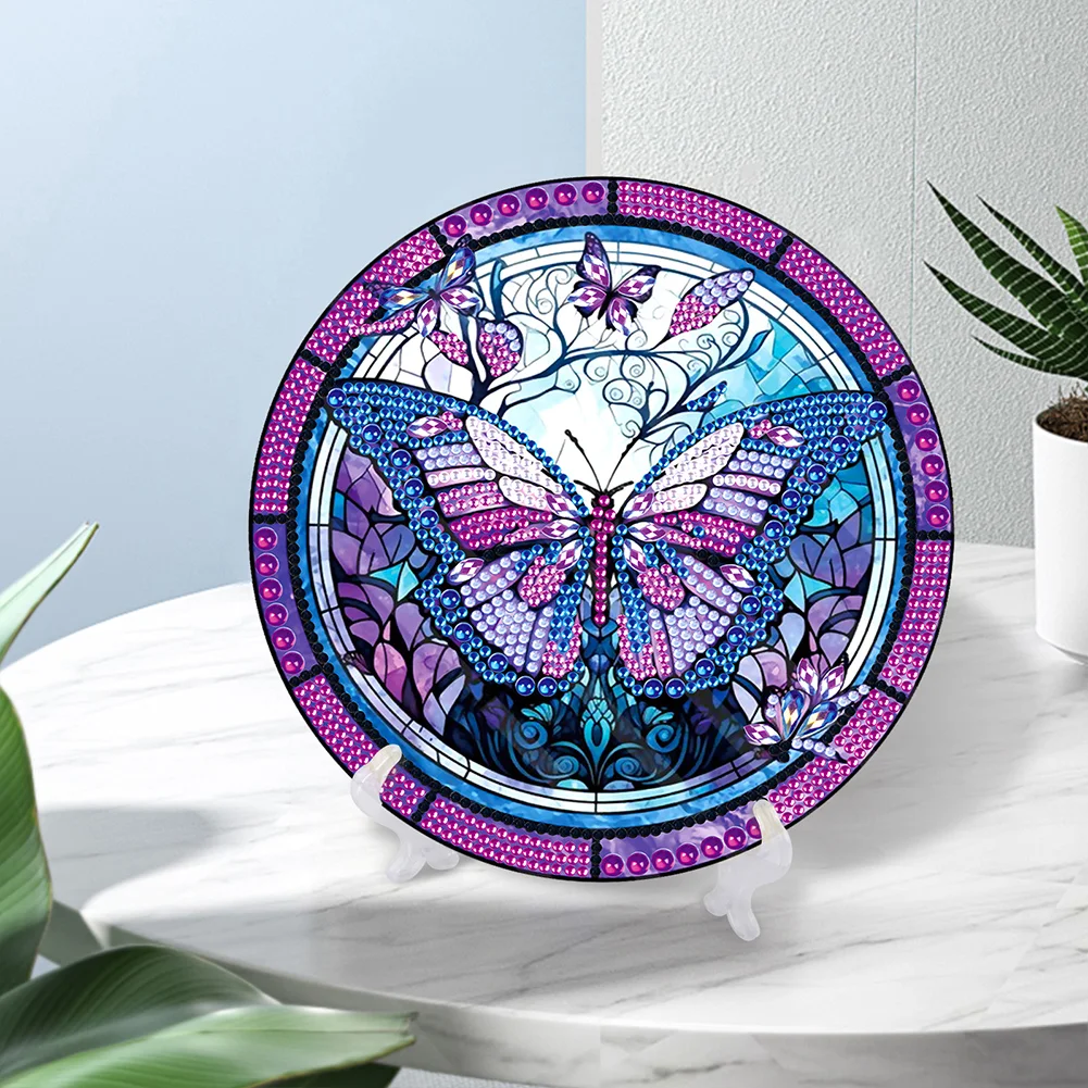 DIY Stained Glass Butterfly Diamond Painting Wooden Single Side Crystal Painting Desktop Kit for Home Office Decor