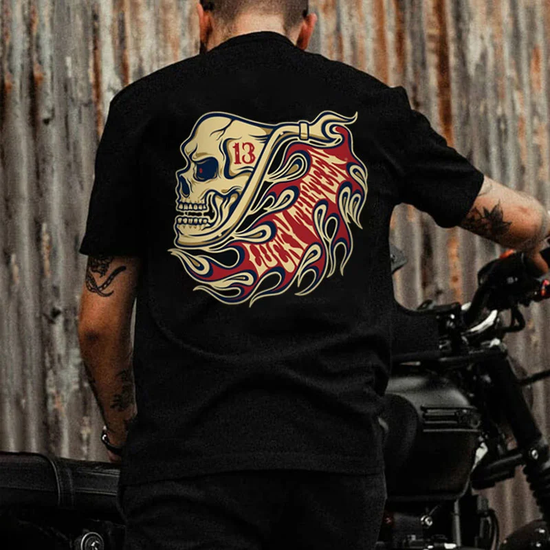 LUCKY THIRTEEN Fire Skull Black Print T-shirt
