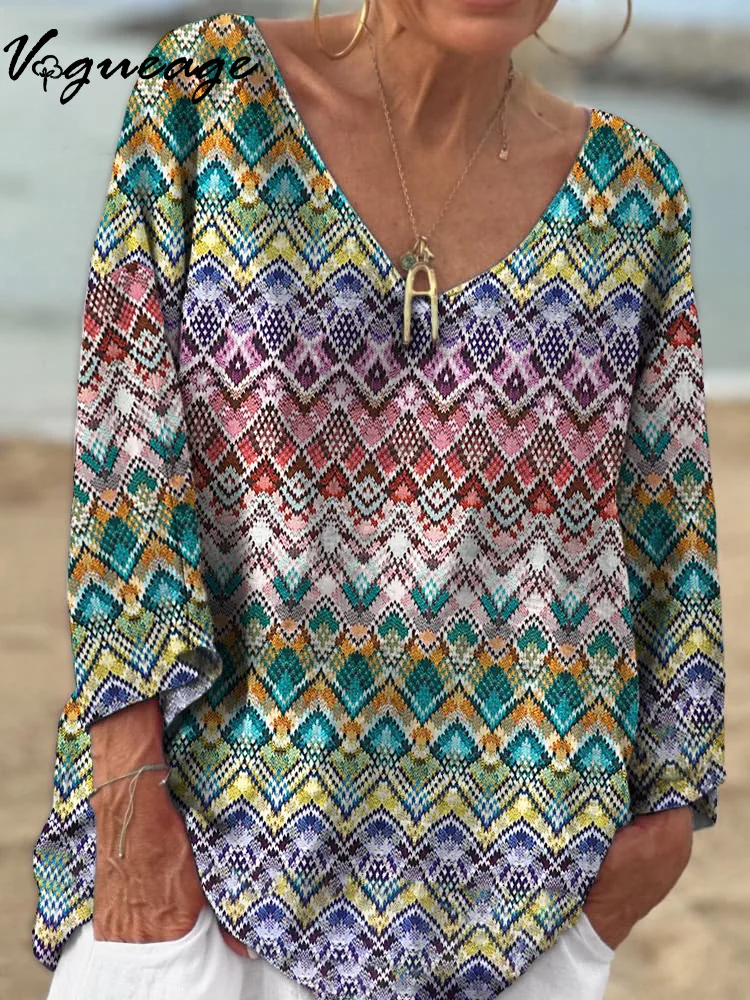 Colorful Wavy Stripes Diamond Squares 3/4 Sleeves Printed Cotton And Linen Shirt