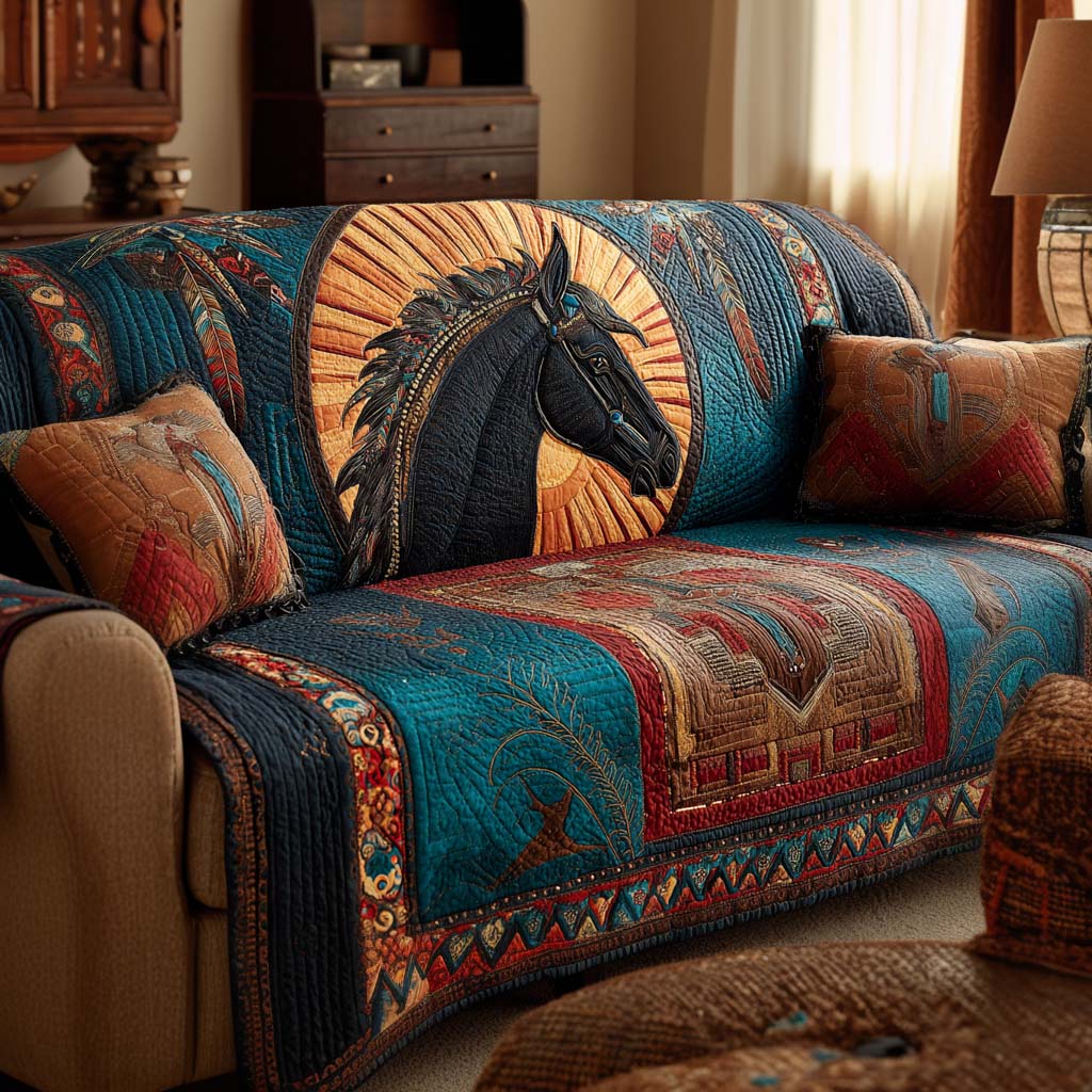 Azure Spirit Horse Quilted Sofa Cover NCU0XD1824 everthome