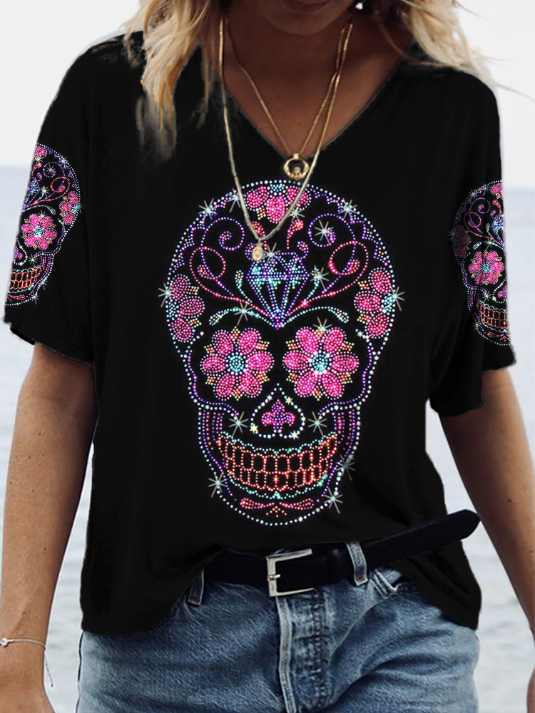 Day of the Dead Glitter Skull Art V Neck Comfy T Shirt