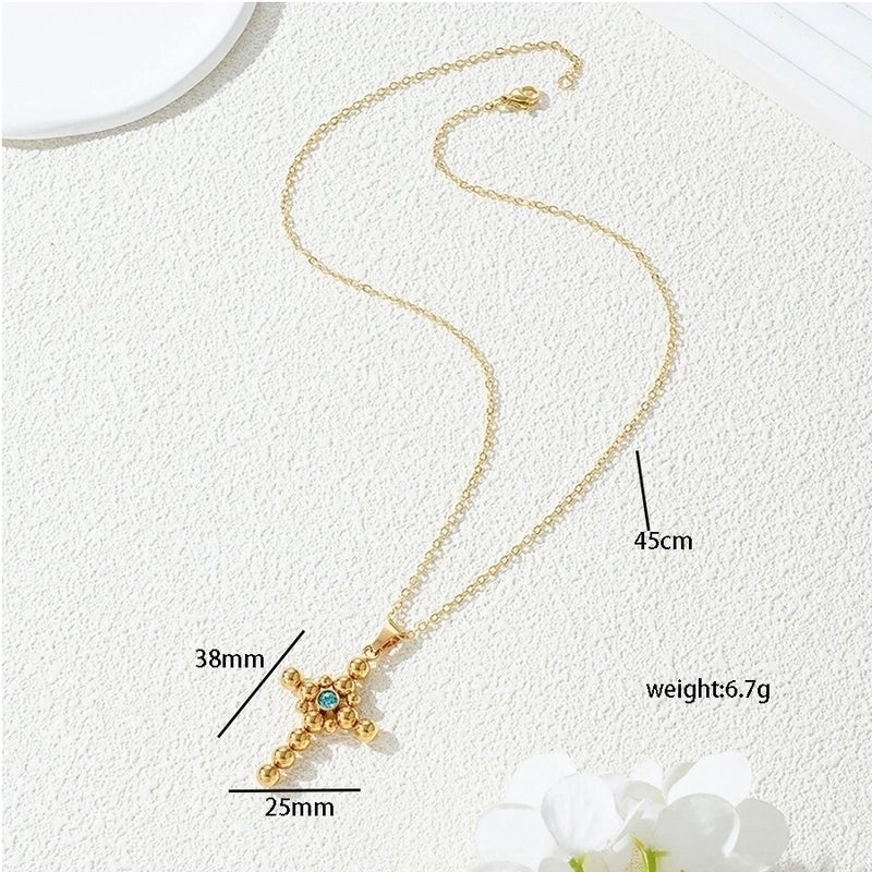 201 Stainless Steel Gold Plated Minimalist Inlay Cross Zircon Pendant Necklace