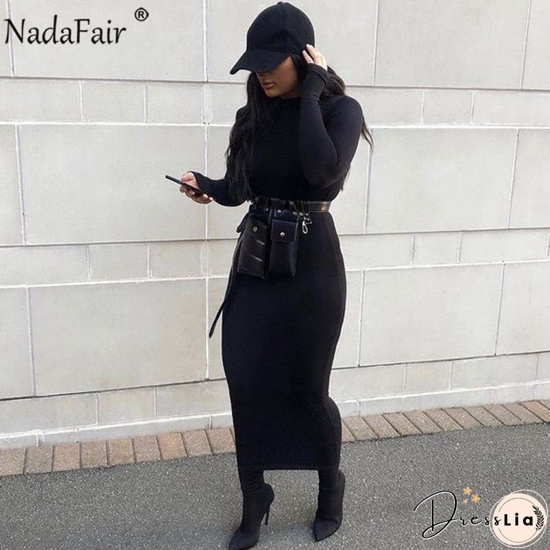 Christmas Gift Nadafair Sexy Women Dress Long Sleeve Turtleneck Autumn Winter Solid Casual Basic Black White Bodycon Slim Maxi Dress For Women